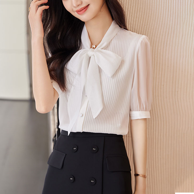 2024夏季新品短袖襯衫女白色淑女修身中袖飄帶蝴蝶結領OL洋氣襯衣