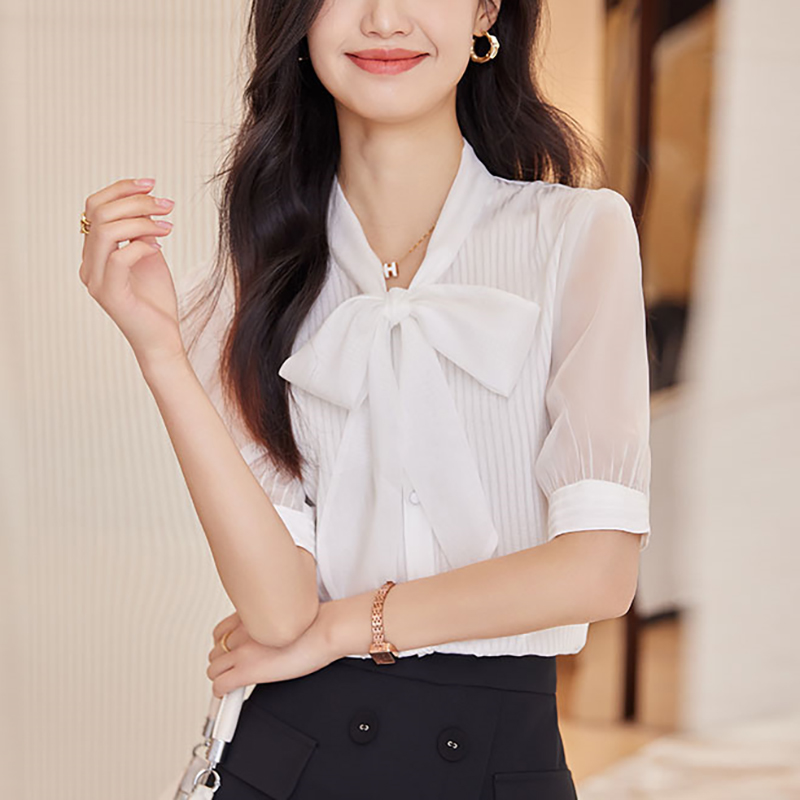2024夏季新品短袖襯衫女白色淑女修身中袖飄帶蝴蝶結領OL洋氣襯衣