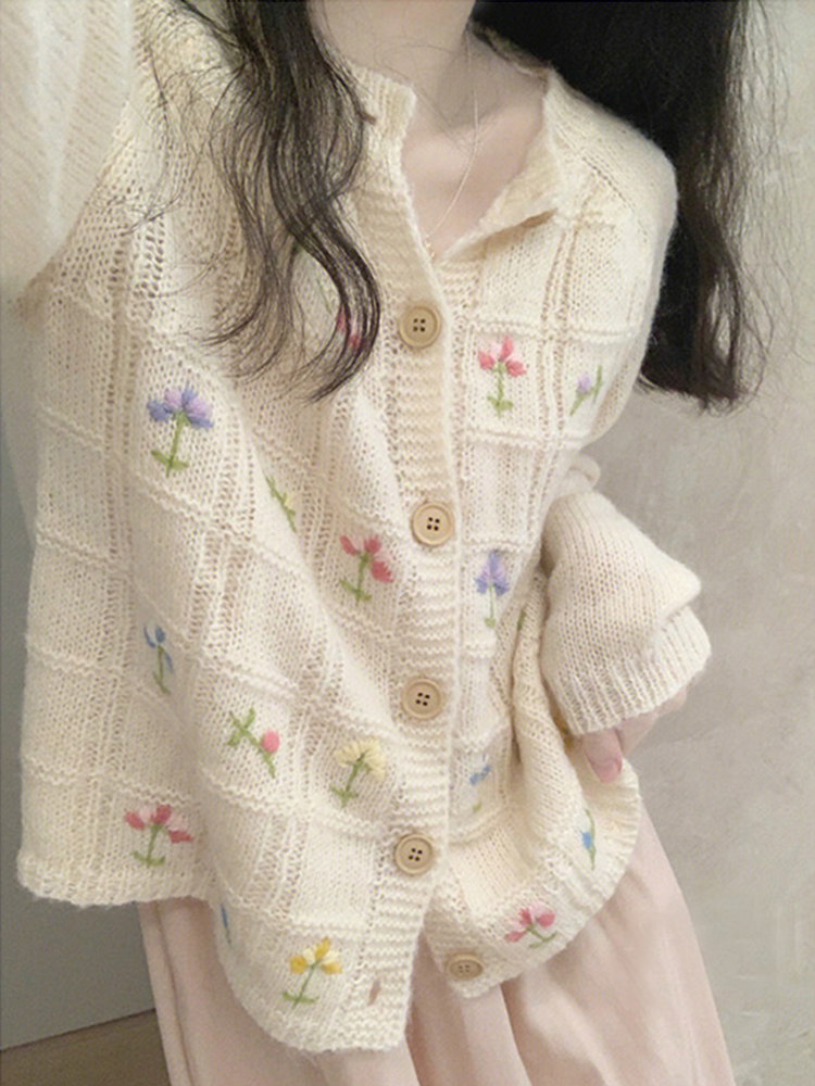 秋季日系复古慵懒风刺绣毛衣女设计感小香风刺绣花朵针织开衫外套