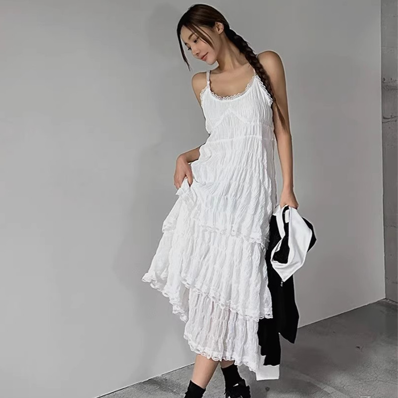 24夏 韩国  chic 白色蕾丝拼接连衣裙无袖过膝吊带蛋糕裙 7173