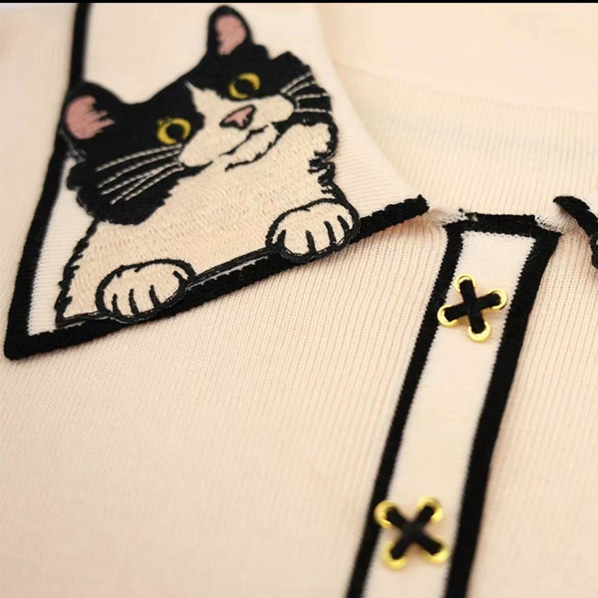 JUNGLE ME夏季翻领减龄猫咪刺绣撞色POLO领短袖短款小众设计感