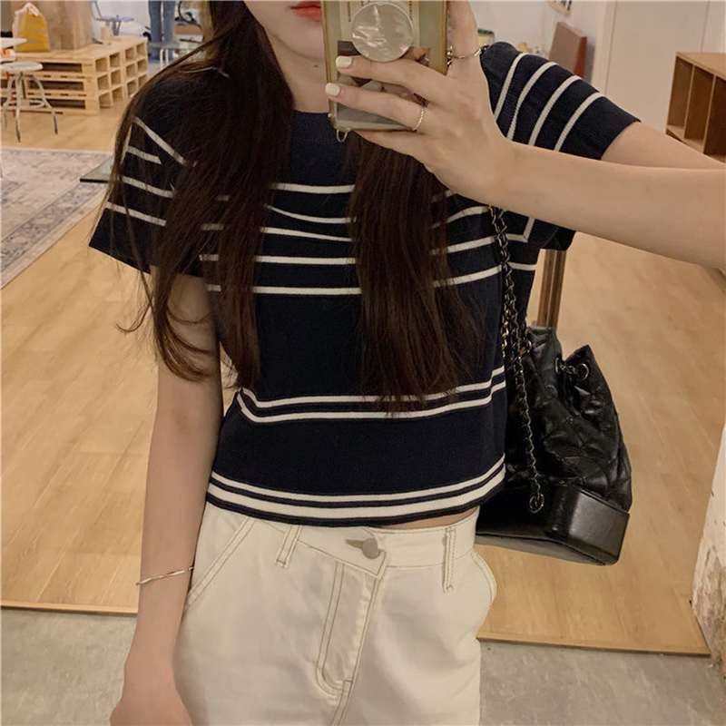 ins retro style versatile short-sleeved round neck contrast striped short ice silk thin knitted T-shirt top for women