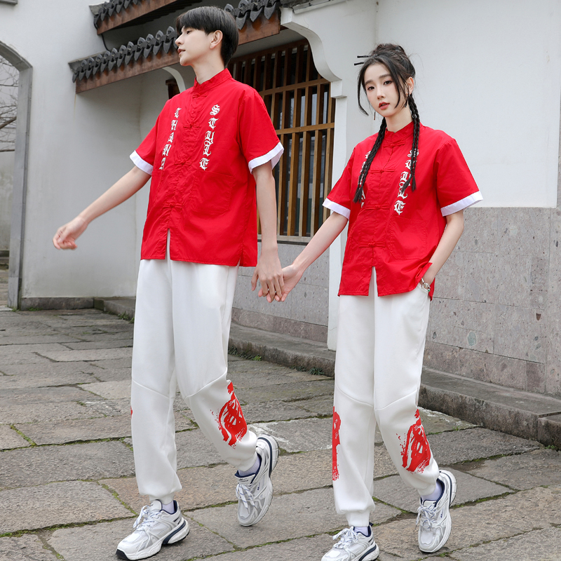 实拍#情侣装夏季复古中国风唐装舞蹈跳舞街舞演出服套装学生班服