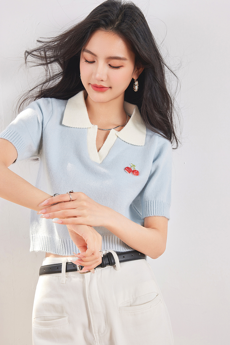 實拍◆◆夏裝甜美減齡釘珠櫻桃裝飾polo領短袖針織衫上衣女