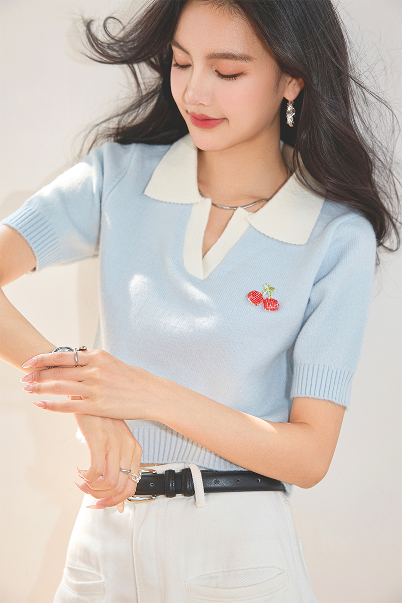 實拍◆◆夏裝甜美減齡釘珠櫻桃裝飾polo領短袖針織衫上衣女