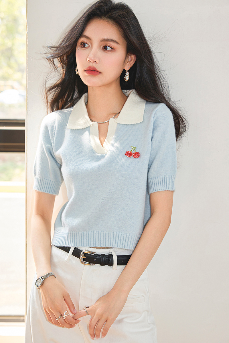 實拍◆◆夏裝甜美減齡釘珠櫻桃裝飾polo領短袖針織衫上衣女