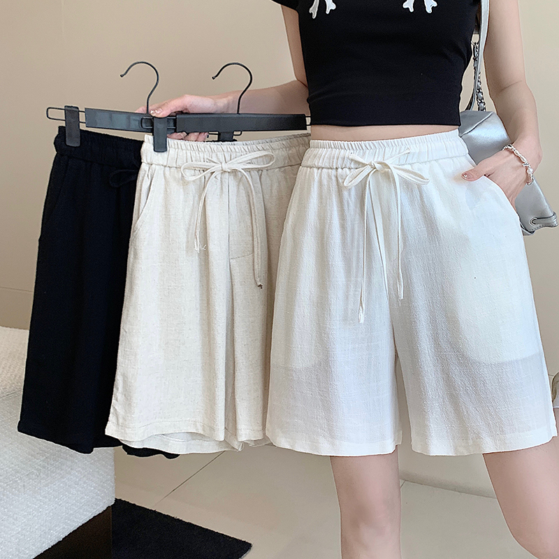 Real shot of linen shorts, women's summer wide-leg pants, thin A-line high-waisted loose white pants, women's summer mid-length pants