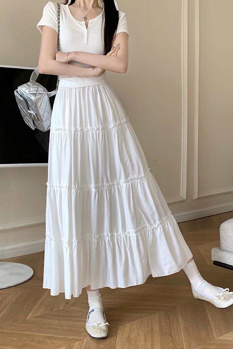 Real shot of white skirt with large swing for women, elastic high waist, covering the span, slimming, mid-length and versatile cake umbrella skirt