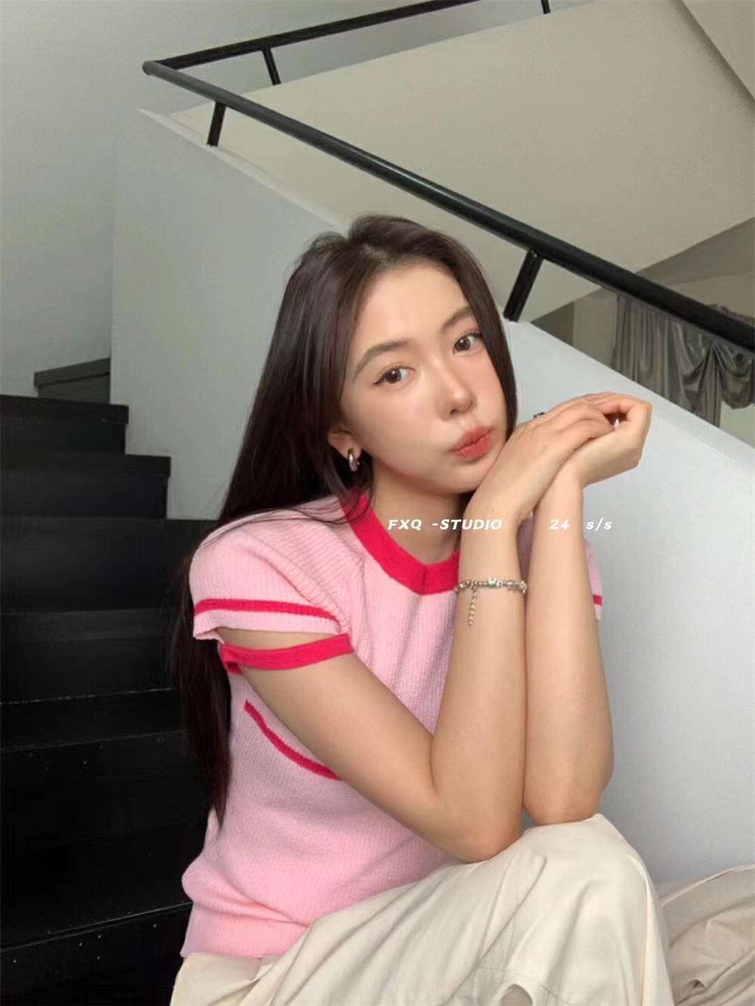 BB家韩系设计感撞色条纹短袖针织衫女夏季新款小个子减龄chic上衣