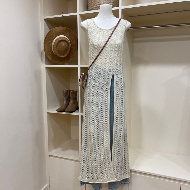 2024年夏季新款韩系通勤复古圆领设计感镂空针织编织连衣裙女装