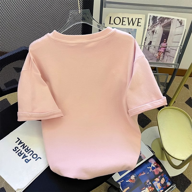 纯棉粉色重工短袖龙年t恤女2024新款宽松设计感小众上衣