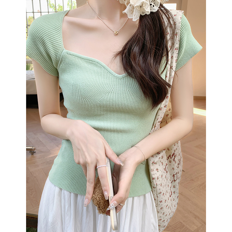 Real shot of French square collar, right shoulder, green short-sleeved knitted T-shirt for women, summer slim-fitting short hot girl top