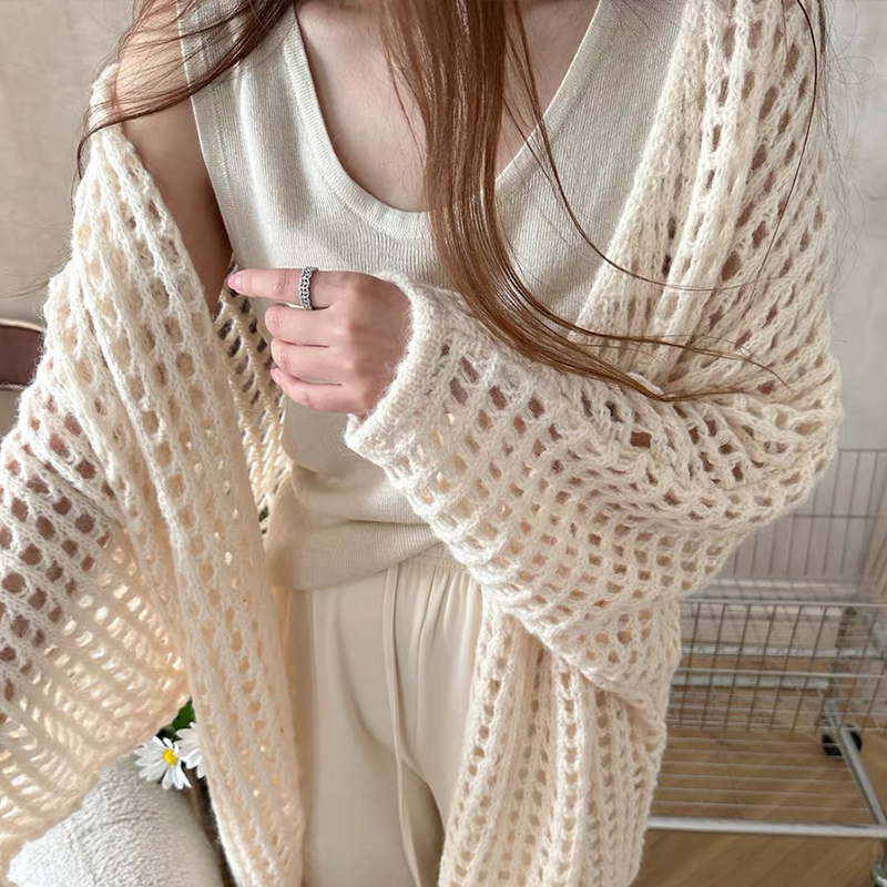 Spring and summer hollow knitted cardigan women's lazy style loose blouse thin sweater jacket shawl outer top