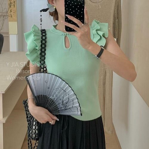 Recommended for Yo-yo Home’s own collection~ New Chinese style design with buckles and flying sleeves short-sleeved sweaters for women