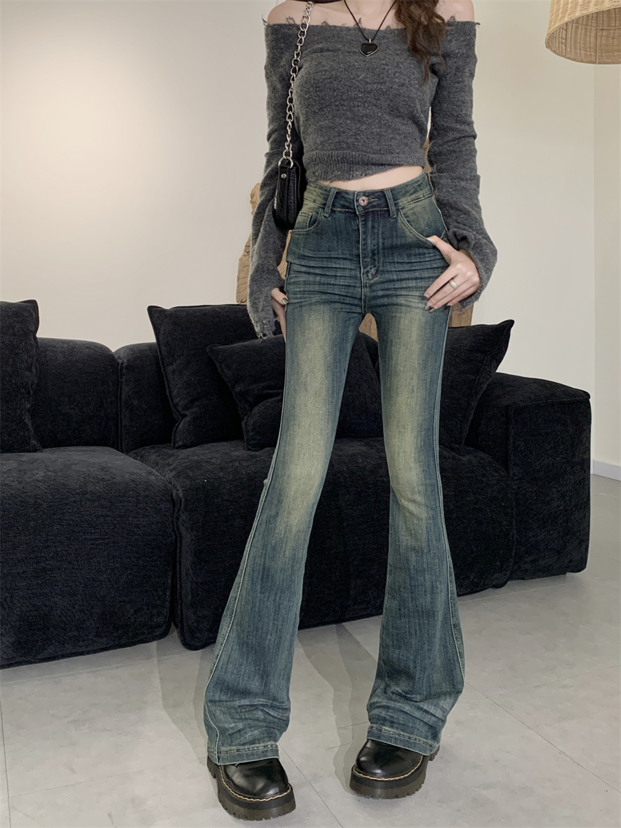 Actual shot~New Thin Style Hot Girl Retro Slim Denim Flare Pants