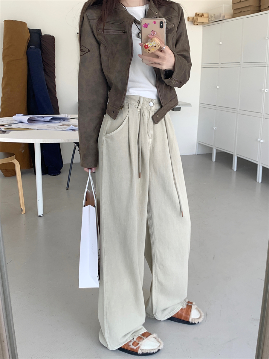 Actual shot ~ New style retro high-waisted zippered loose straight denim wide-leg pants