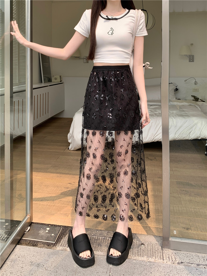 Actual shot of 2024 spring and summer new semi-see-through sequined mesh skirt high-waisted versatile slimming mid-length skirt for women