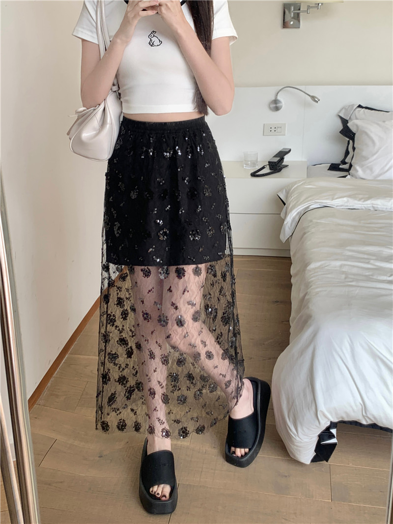 Actual shot of 2024 spring and summer new semi-see-through sequined mesh skirt high-waisted versatile slimming mid-length skirt for women