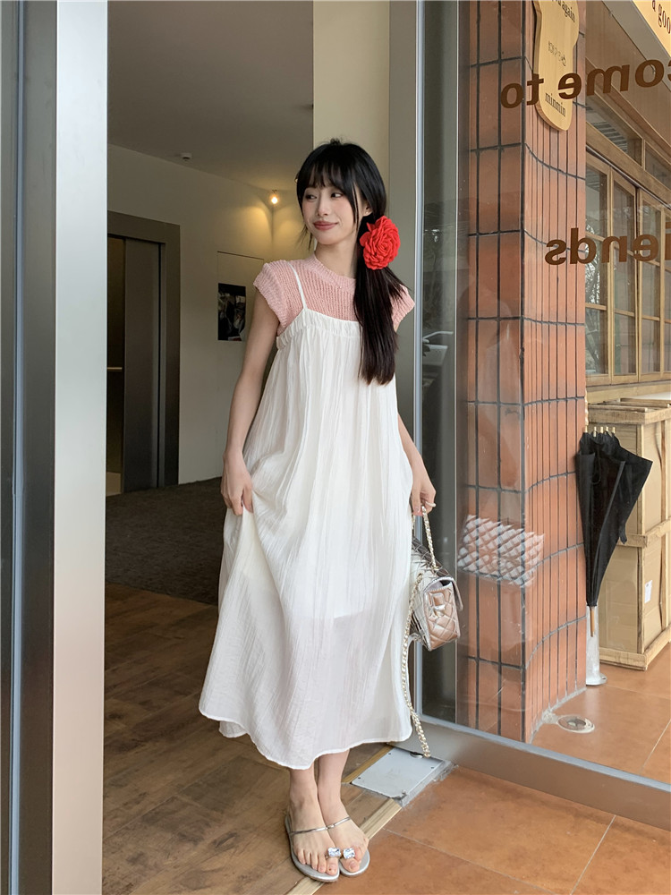 实拍 韩版新款时尚简约纯色针织衫+吊带裙两件套