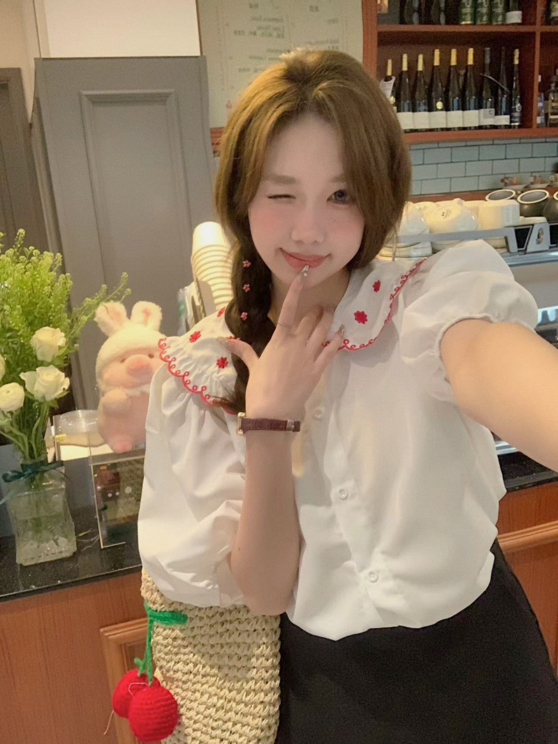 实拍 韩系法式刺绣重工短袖泡泡袖夏季新款设计感白色衬衫女