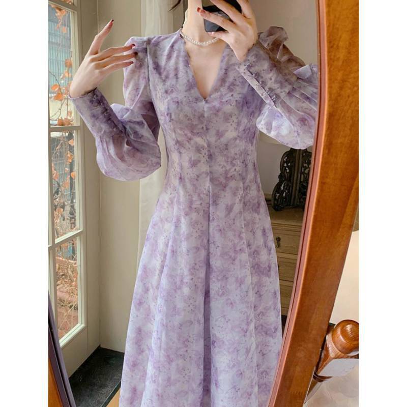 夏装女新款法式赫本风高端精致超仙小个子紫色碎花长袖连衣裙
