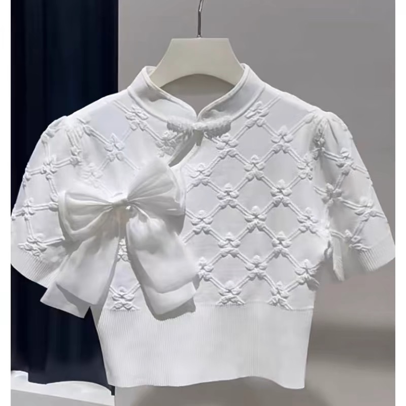 新中式盘扣设计感蝴蝶结装饰白色针织短袖t恤女夏小个子高腰上衣
