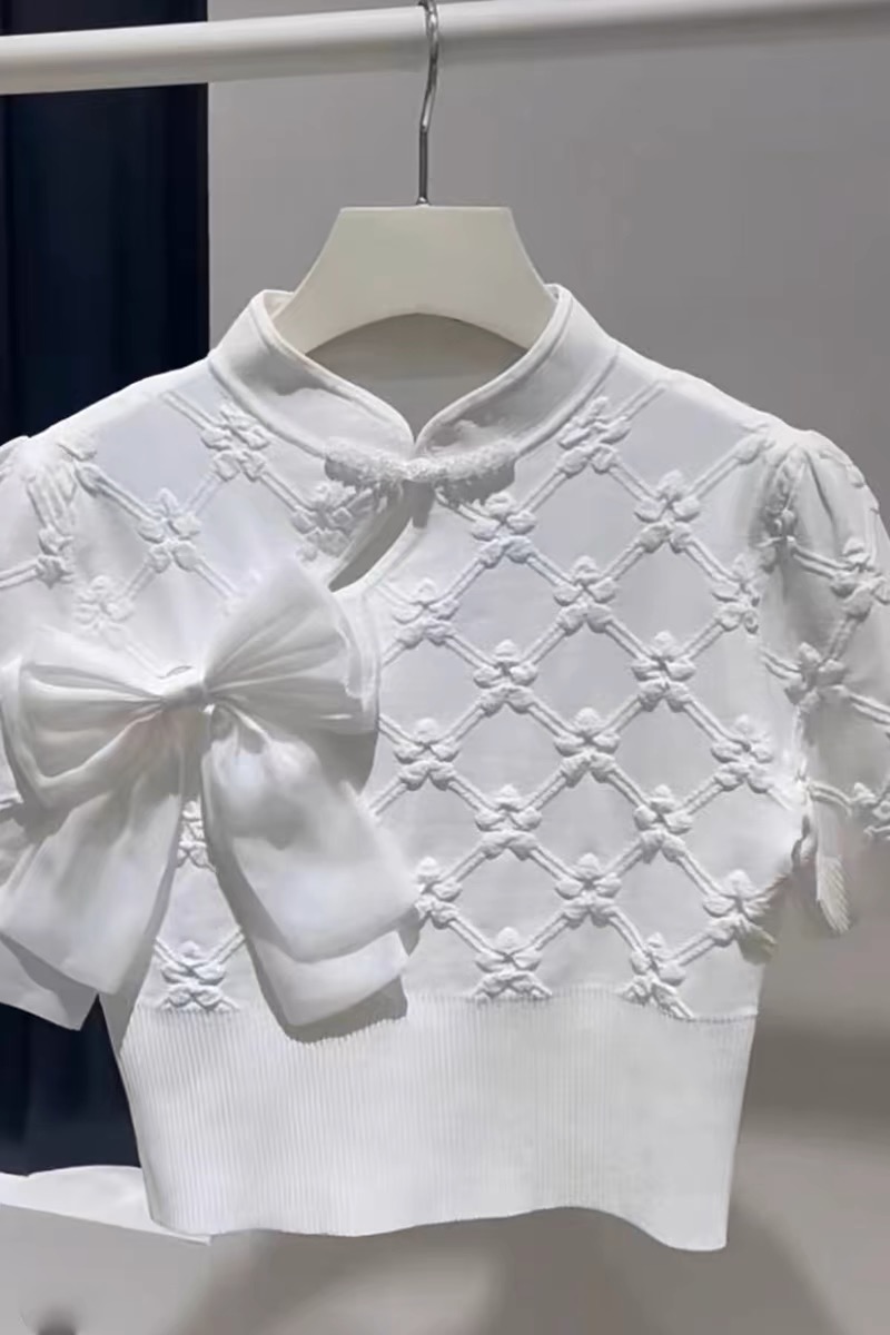 新中式盘扣设计感蝴蝶结装饰白色针织短袖t恤女夏小个子高腰上衣