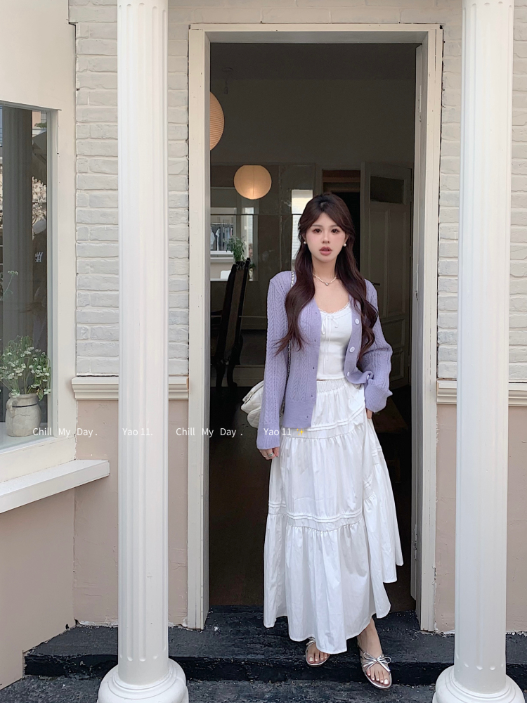 实拍 奶紫镂空针织小吊带韩系简约短款针织长袖小开衫长裙