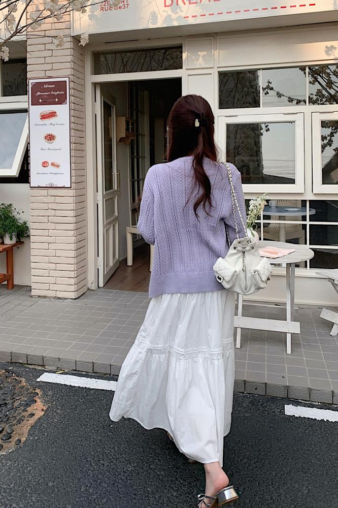 实拍 奶紫镂空针织小吊带韩系简约短款针织长袖小开衫长裙