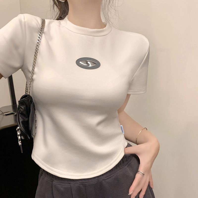 Real shot simple design curved short Korean style T-shirt for women summer new hot girl short-sleeved bottoming shirt pure cotton top