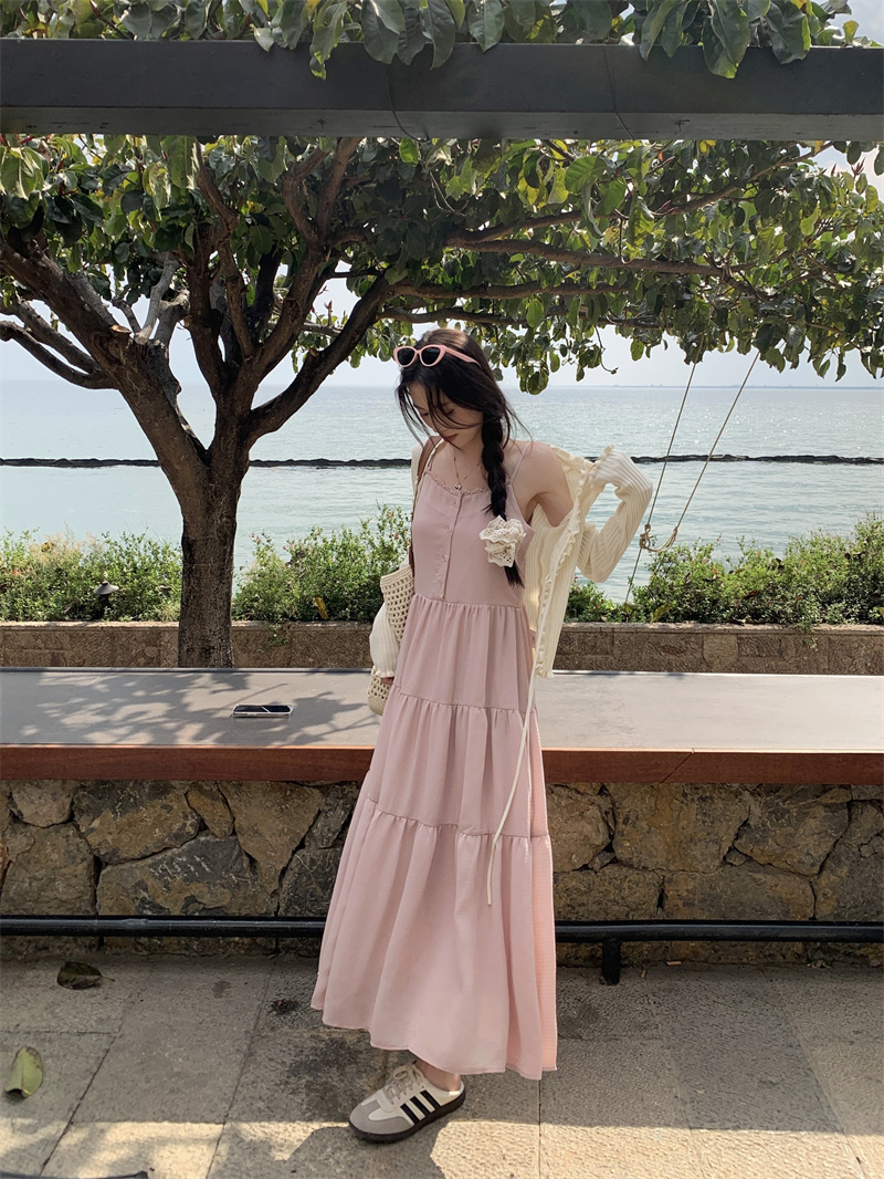 实拍 法式粉色度假吊带连衣裙收腰显瘦A字长裙