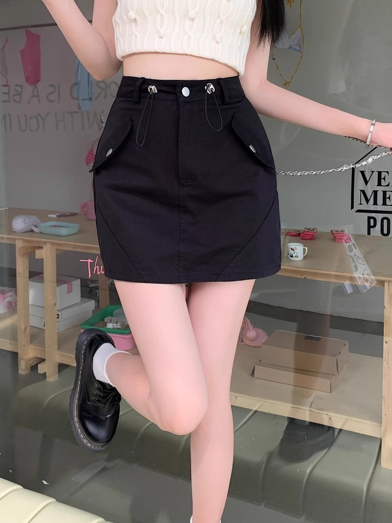 Slim skirt for women, spring and autumn high-waisted A-line gray skirt with drawstring, cool hot girl butt-covering workwear short skirt