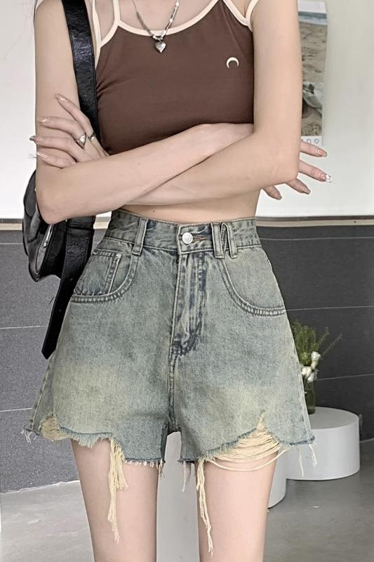 Retro niche ripped denim shorts for women summer high-waist slim design A-line loose large size wide-leg pants