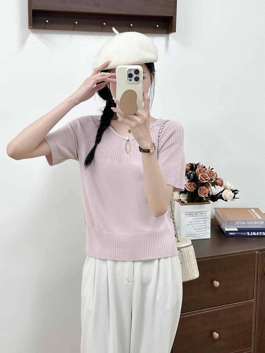 韩版chic气质收腰显瘦短款针织衫女装夏季小个子简约纯色短袖上衣