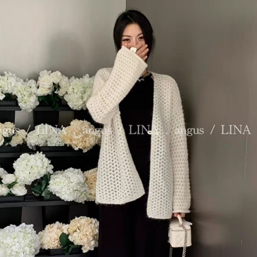 2024 Spring Festival New Chinese Style Disc Button Hollow Knitted Cardigan Women's Medium Long Loose Lazy Sweater