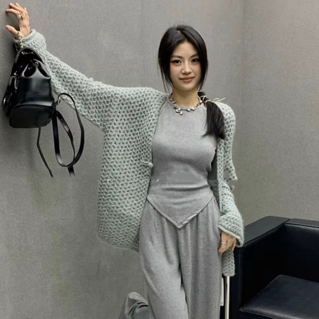 2024 Spring Festival New Chinese Style Disc Button Hollow Knitted Cardigan Women's Medium Long Loose Lazy Sweater
