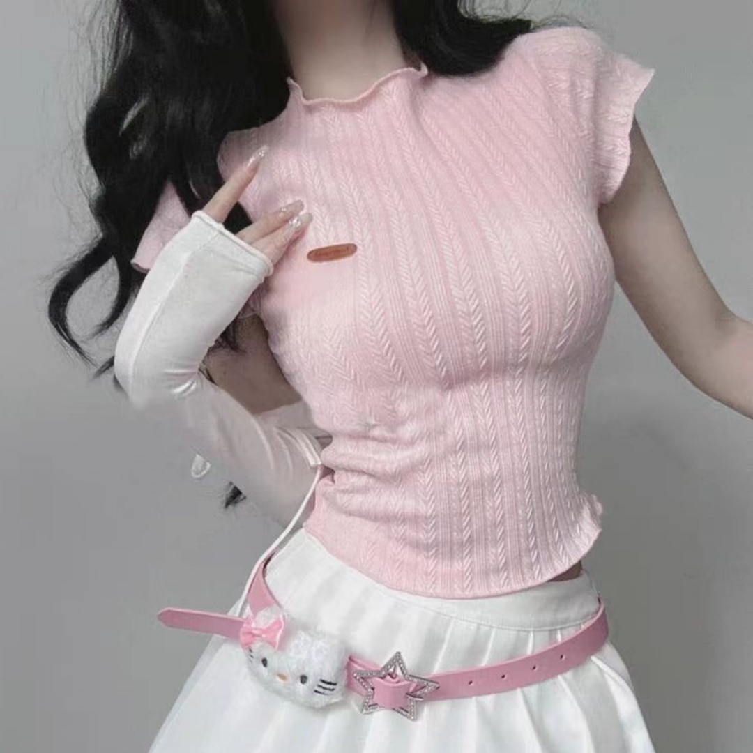 短袖女t恤夏粉色圆领修身高级感压褶修身气质短款上衣设计感小众