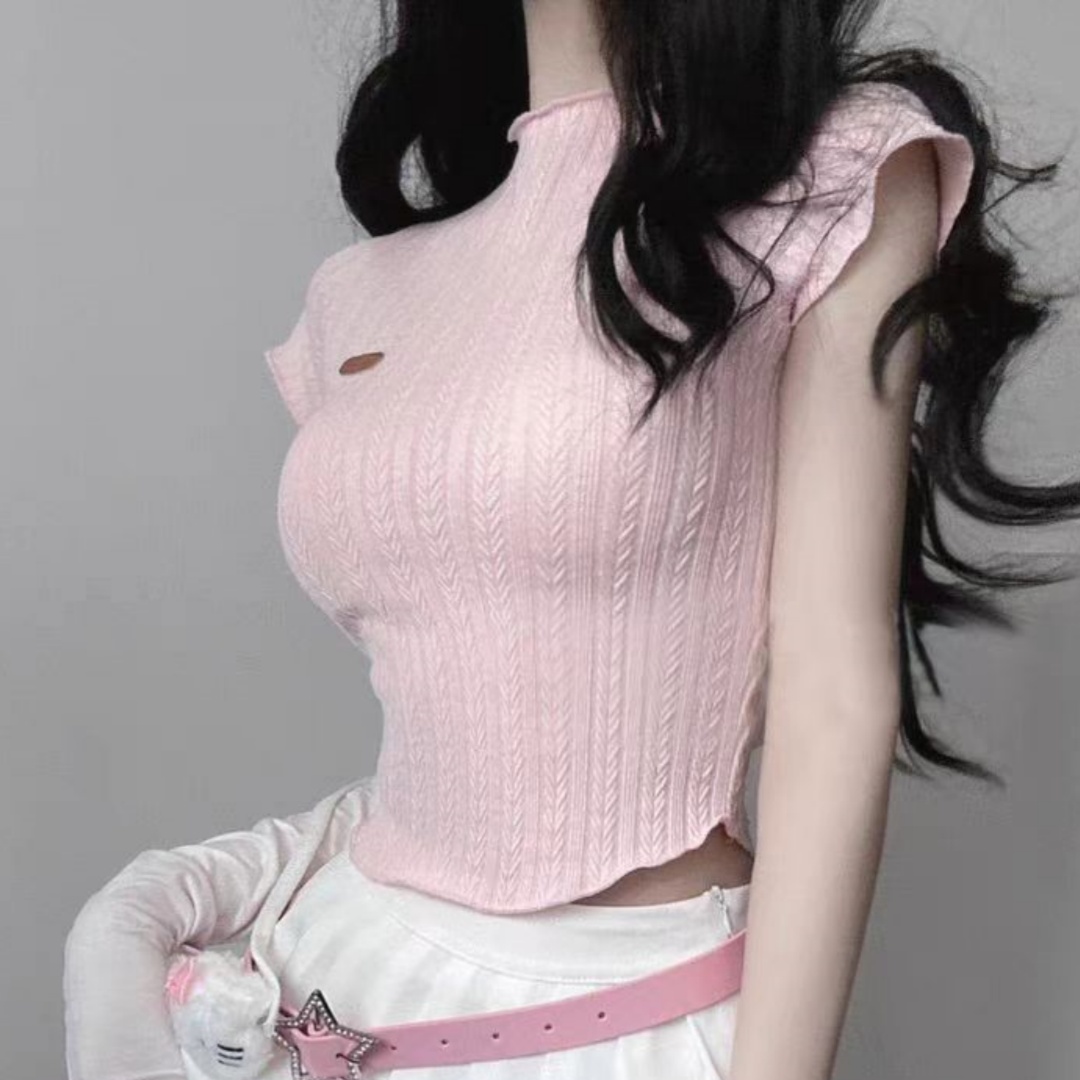 短袖女t恤夏粉色圆领修身高级感压褶修身气质短款上衣设计感小众