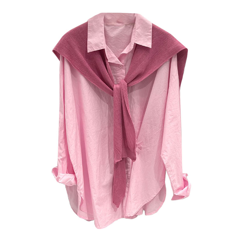 欧货粉色披肩衬衫两件套女设计感2024年新款时尚洋气别致春装上衣