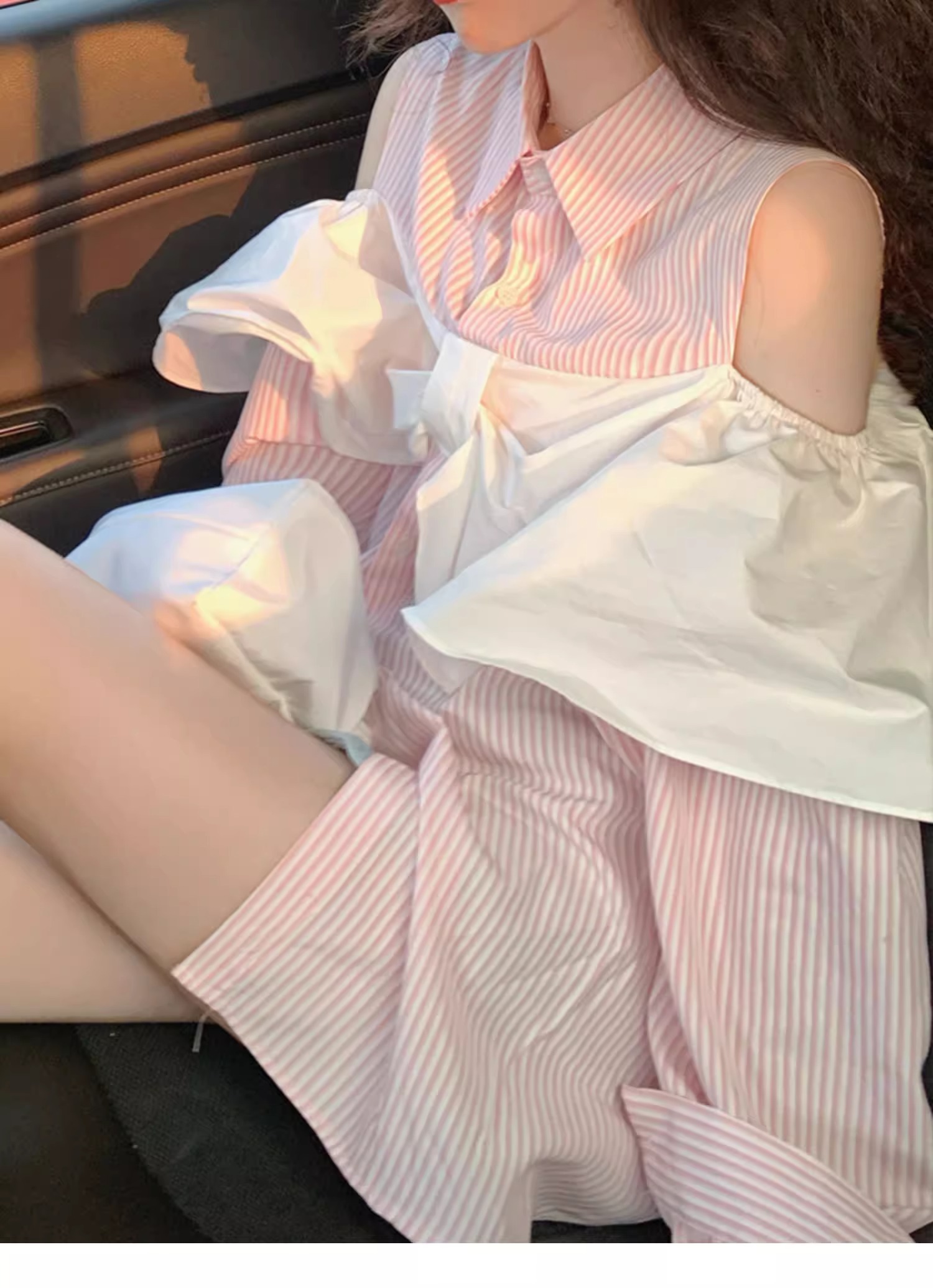 Korean style pink off-shoulder striped shirt for women 2024 new summer loose casual versatile commuting bow top