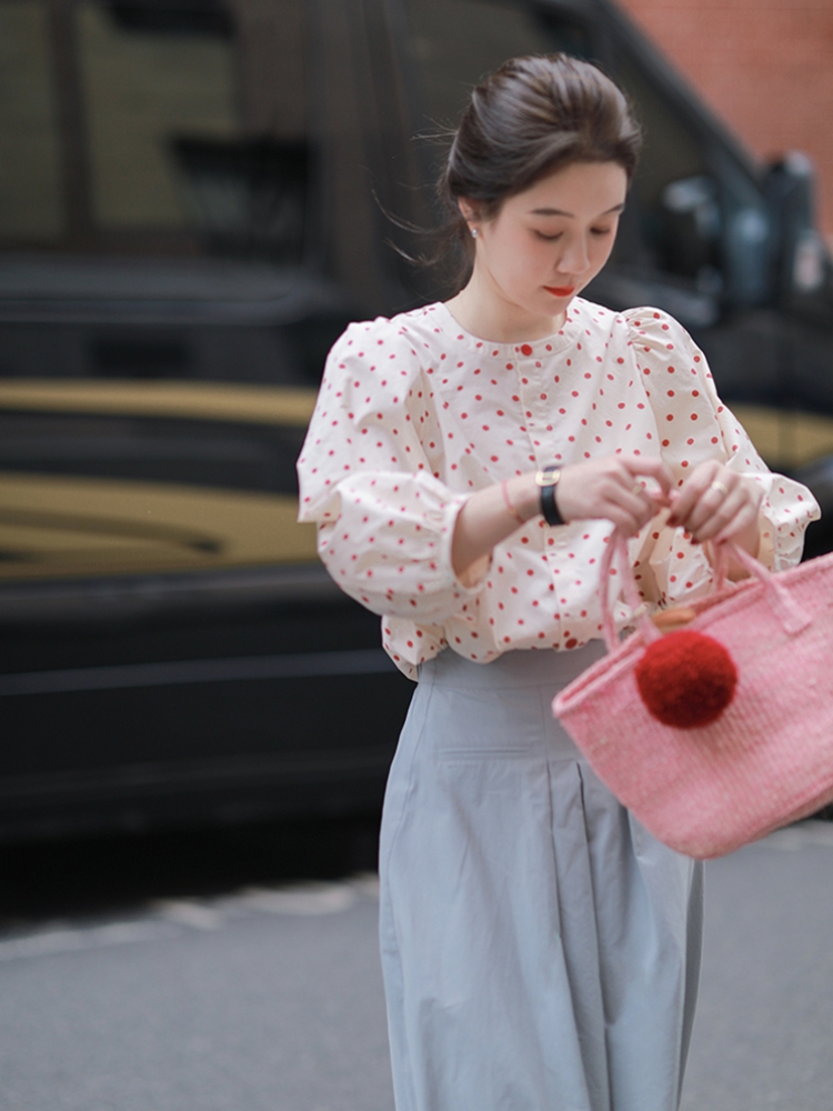 Spring and autumn red polka dot puff sleeve shirt, chic and beautiful shirt, high-end and versatile top