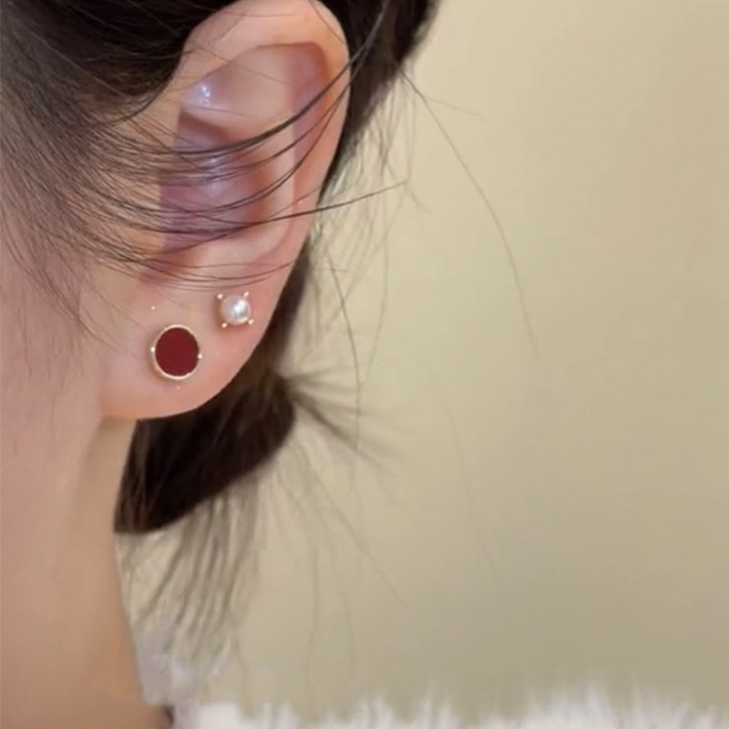 S925银针简约复古红色圆形耳钉女小众高级感养耳洞四件套耳环耳饰