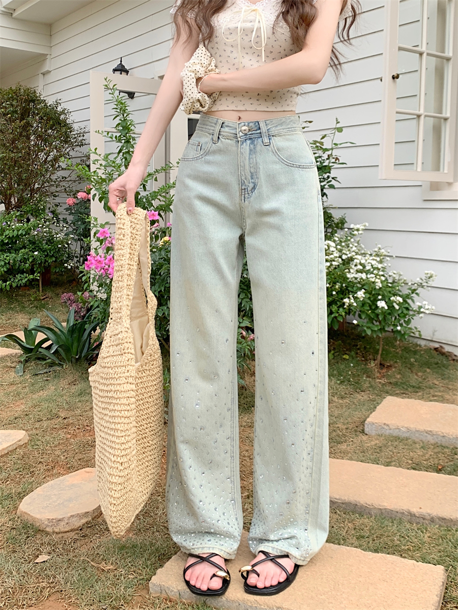 Real shot ~ high temperature perm washed jeans for women early spring retro high waist straight wide leg floor mopping pants