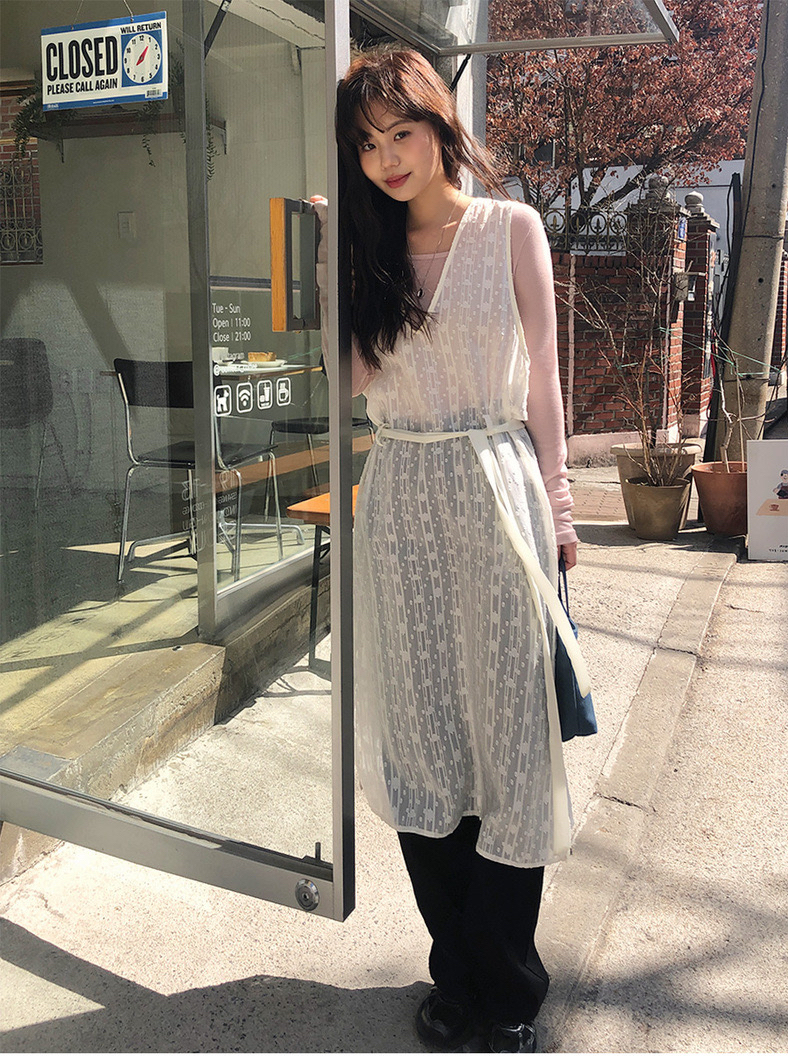 South Korea Dongdaemun 2024 new Korean style V-neck see-through blouse fashionable versatile layered dress