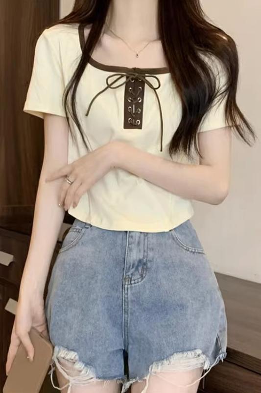 设计感方领绑带T恤女夏季韩版新款显瘦短款甜辣正肩上衣