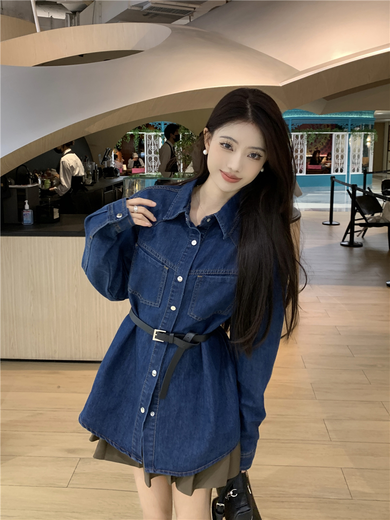 Real shot ~ French blogger retro Hong Kong style loose long-sleeved denim shirt for women