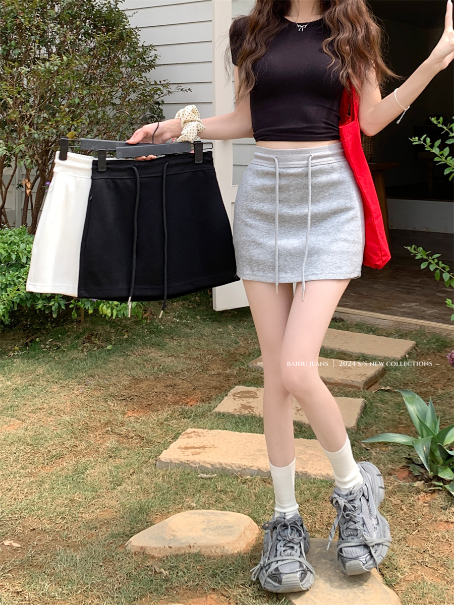 Real shot~White elastic waist bag hip skirt pants for women summer new versatile sports A-line skirt