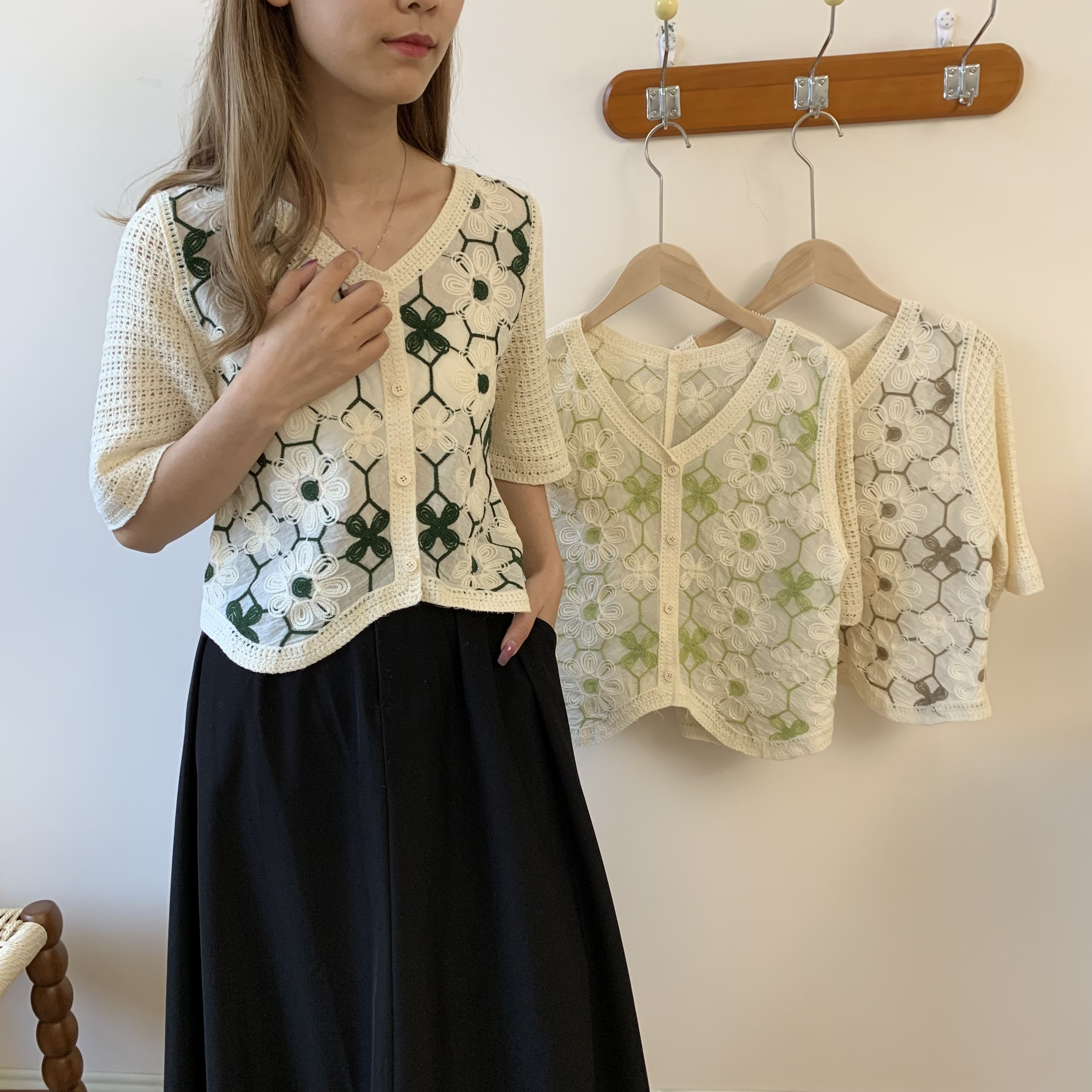 新版韩风镂空钩花设计感针织短袖小开衫