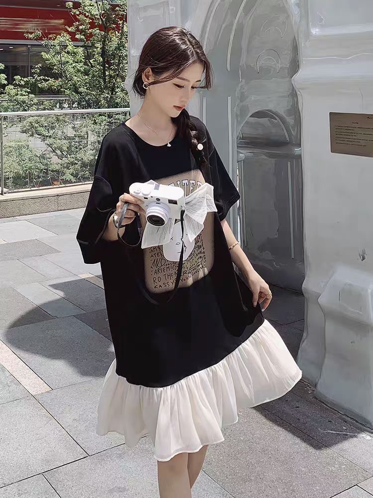 黑色蝴蝶结连衣裙女夏季新款高级感宽松减龄荷叶边短袖卫衣裙