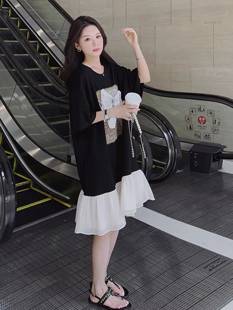 黑色蝴蝶结连衣裙女夏季新款高级感宽松减龄荷叶边短袖卫衣裙